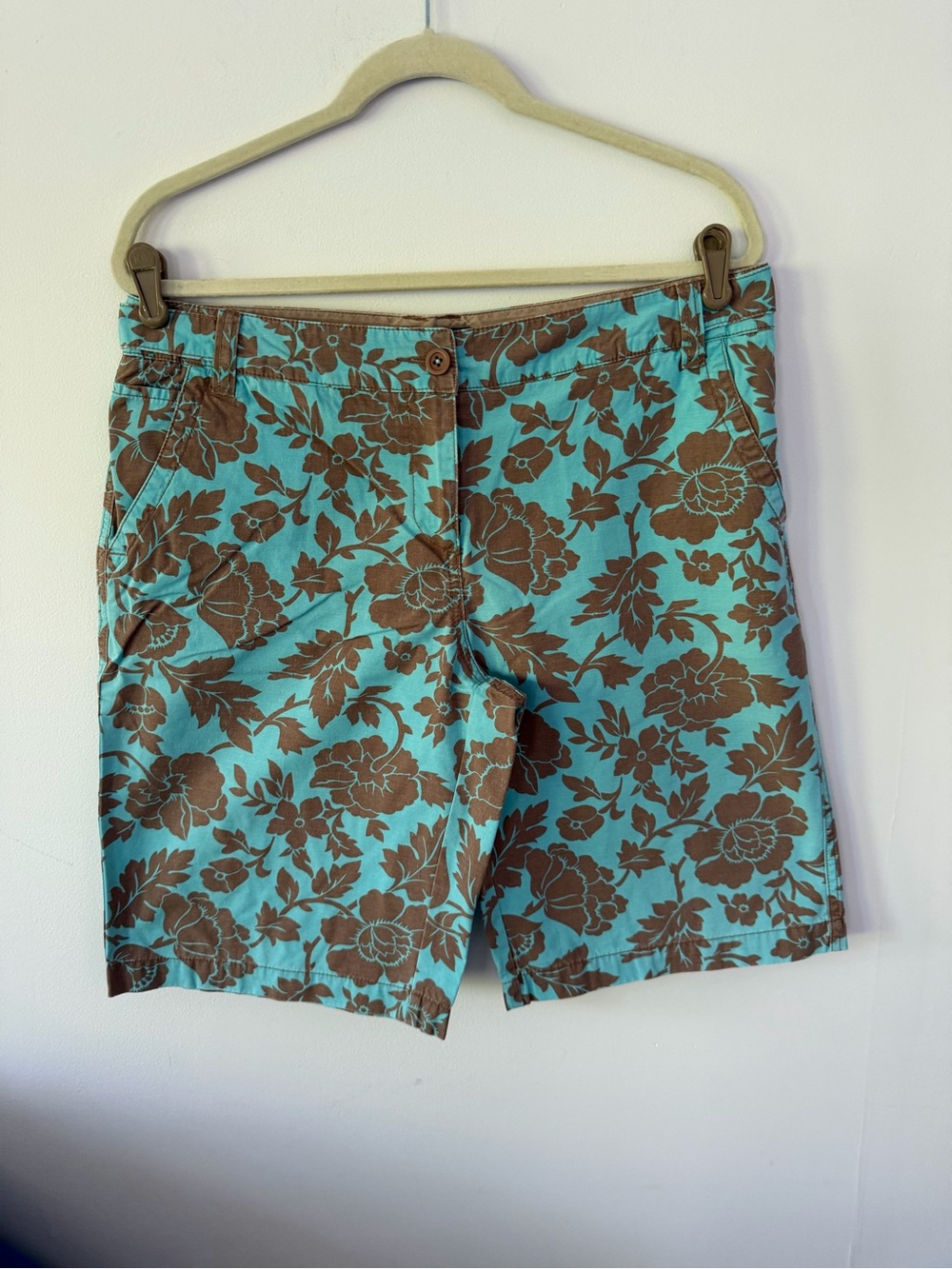 Boden Turquoise Floral Bermuda Shorts with Brown Print